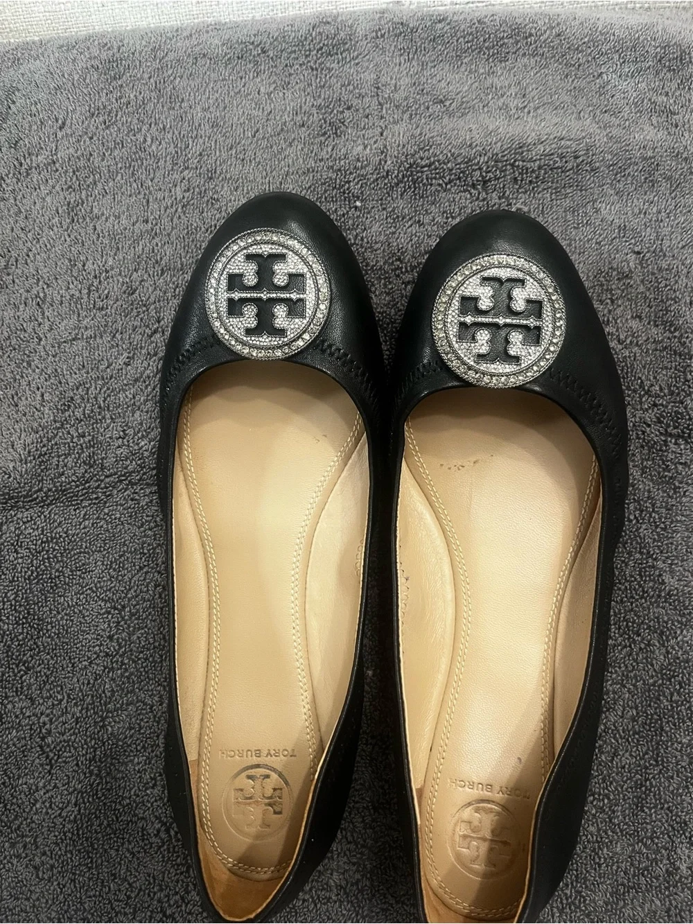 Tory Burch Black Leather Ballet Flats with Crystal Logo Medallions